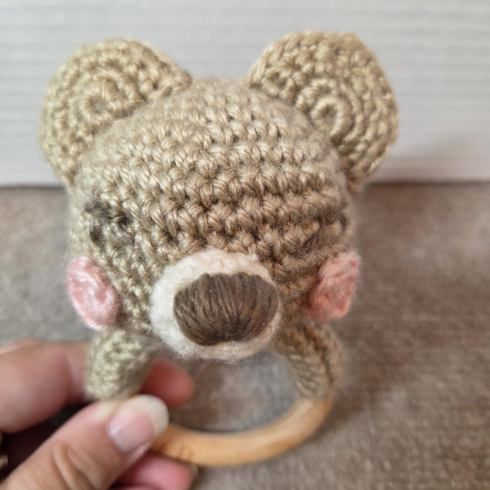 Rabbit + Bear Crochet Baby amigurumi nursery boho wooden handle toy